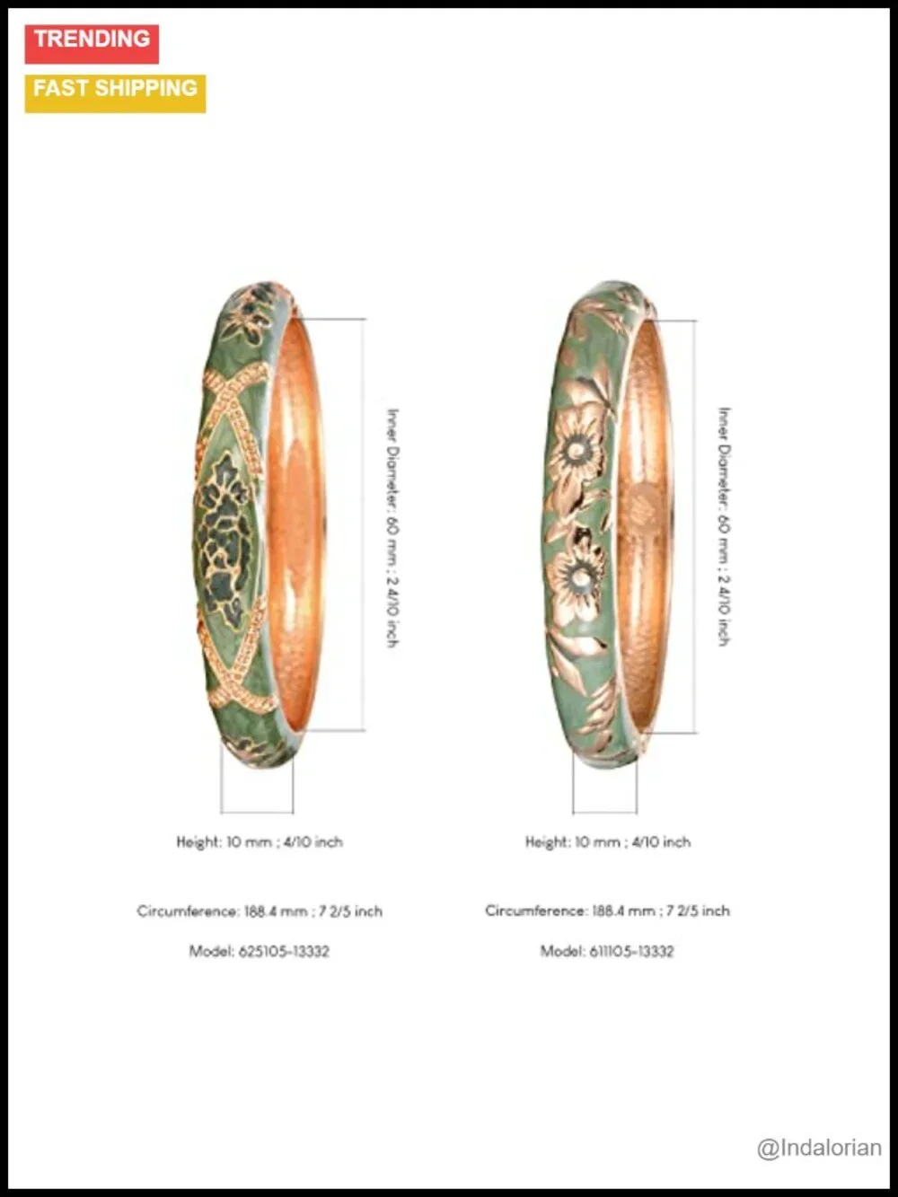Enameled Flower Cloisonne Plated Gold Bangle Bracelets 2 Pc Set for Women Gift